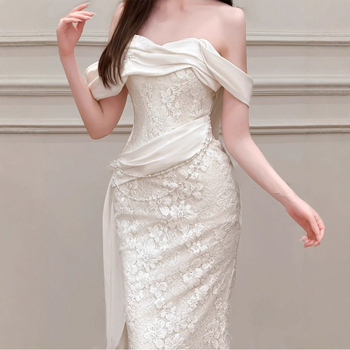 Rochie de mireasă în stil francez, siluetă A-line, talie înaltă, fără mâneci, lungă, poliester