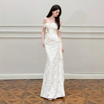 Rochie de mireasă în stil francez, siluetă A-line, talie înaltă, fără mâneci, lungă, poliester