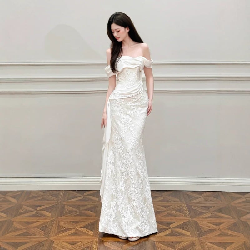 Rochie de mireasă în stil francez, siluetă A-line, talie înaltă, fără mâneci, lungă, poliester