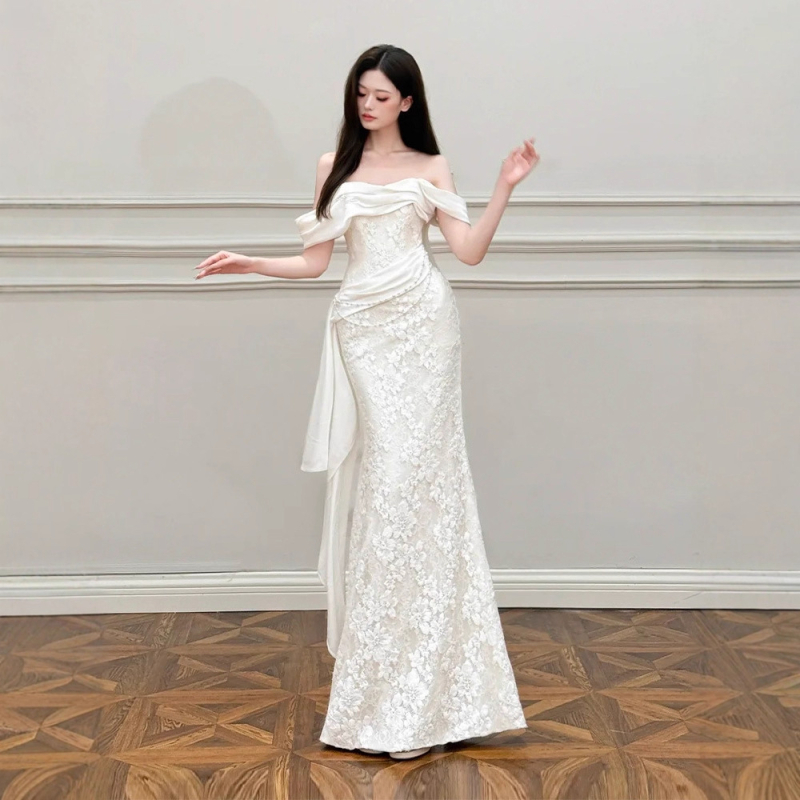 Rochie de mireasă în stil francez, siluetă A-line, talie înaltă, fără mâneci, lungă, poliester