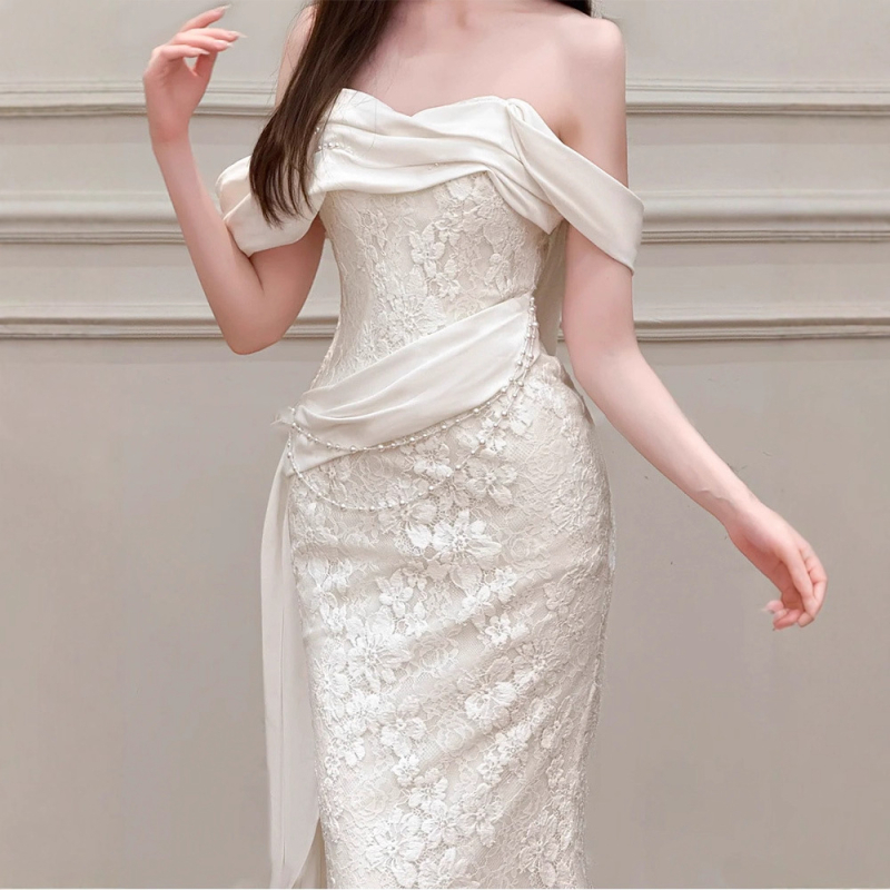 Rochie de mireasă în stil francez, siluetă A-line, talie înaltă, fără mâneci, lungă, poliester