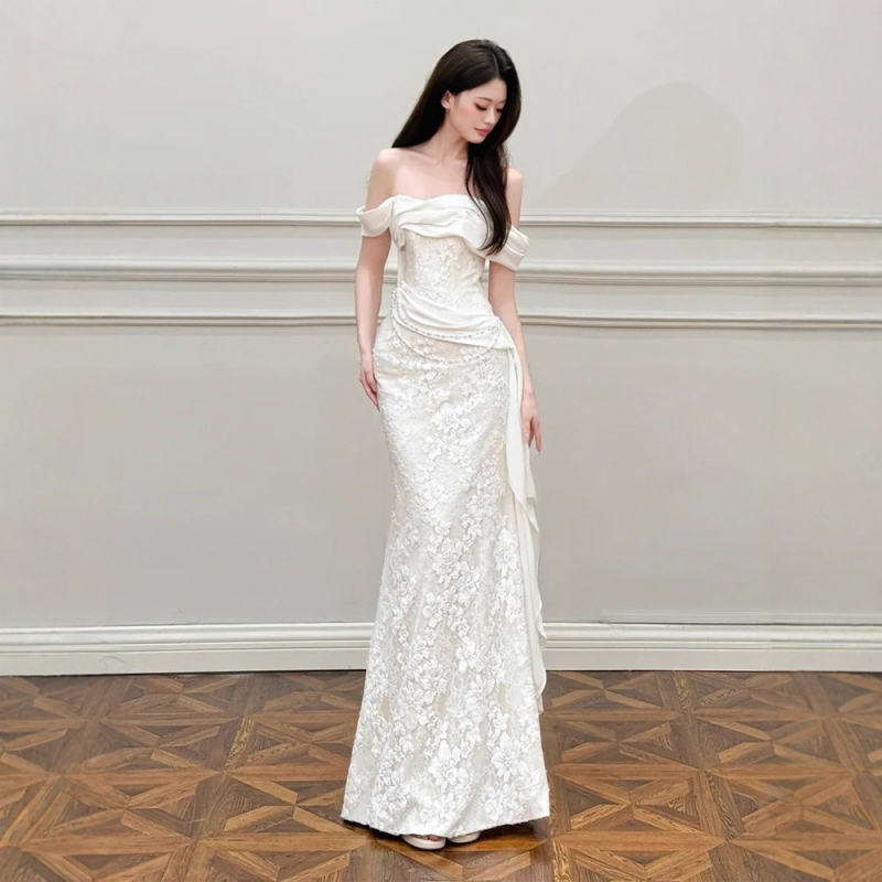 Rochie de mireasă în stil francez, siluetă A-line, talie înaltă, fără mâneci, lungă, poliester