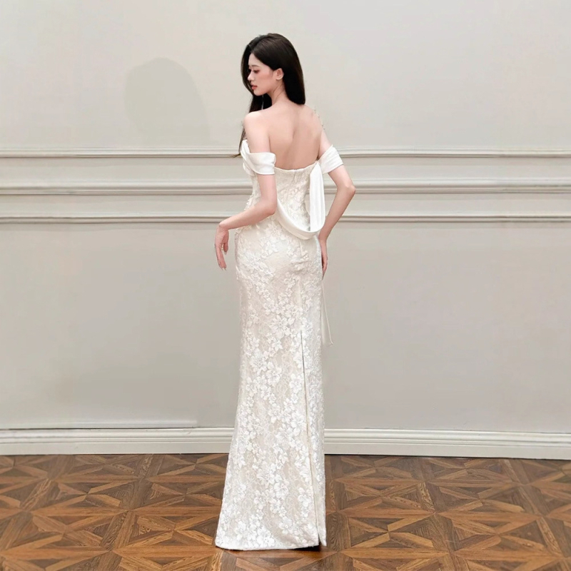 Rochie de mireasă în stil francez, siluetă A-line, talie înaltă, fără mâneci, lungă, poliester