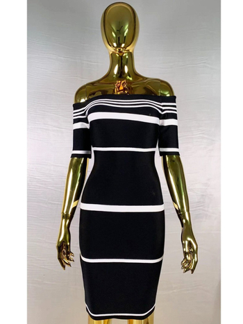 Haljina s jednim ramenom i prugama, tijesnog kroja, visoka elastičnost, zatvarač, duljina 76 cm