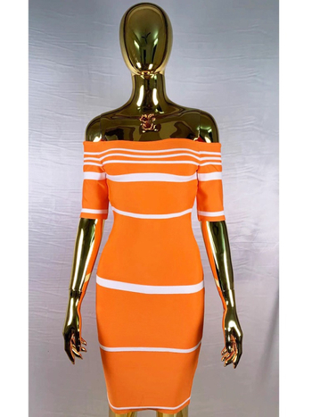 Haljina s jednim ramenom i prugama, tijesnog kroja, visoka elastičnost, zatvarač, duljina 76 cm