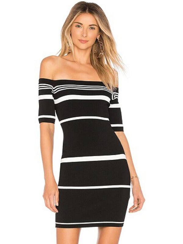 Haljina s jednim ramenom i prugama, tijesnog kroja, visoka elastičnost, zatvarač, duljina 76 cm