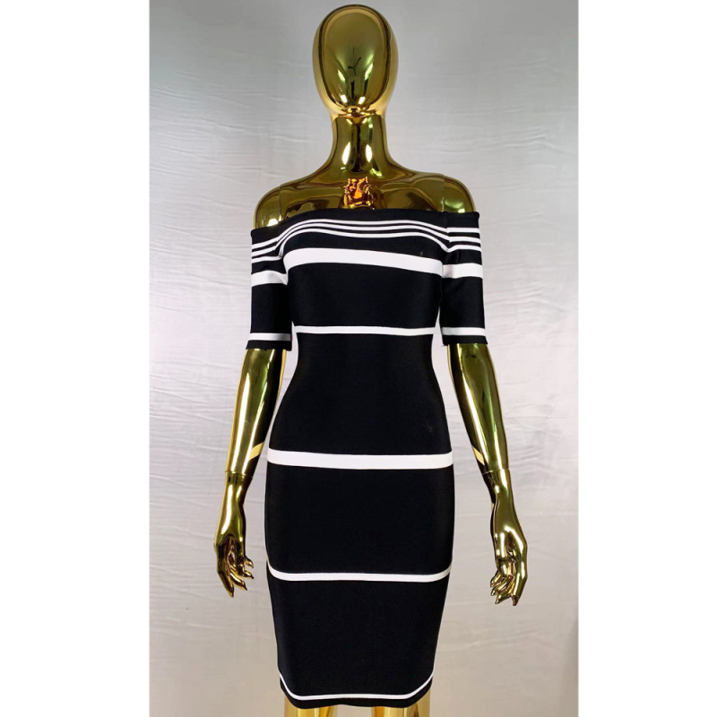 Haljina s jednim ramenom i prugama, tijesnog kroja, visoka elastičnost, zatvarač, duljina 76 cm