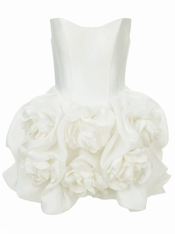 Rochie cu siluetă tube-top, fără mâneci, talie înaltă, fustă scurtă în formă de umbrelă; poliester solid, detalii de colaj.