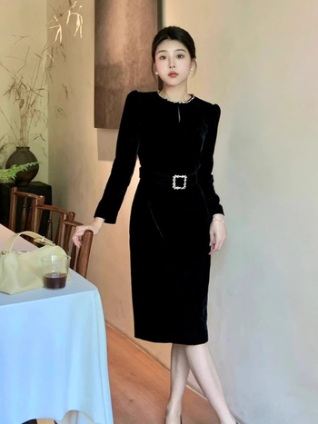 Haljina A-linije, visok struk, srednja duljina, okrugli izrez, pamuk materijal