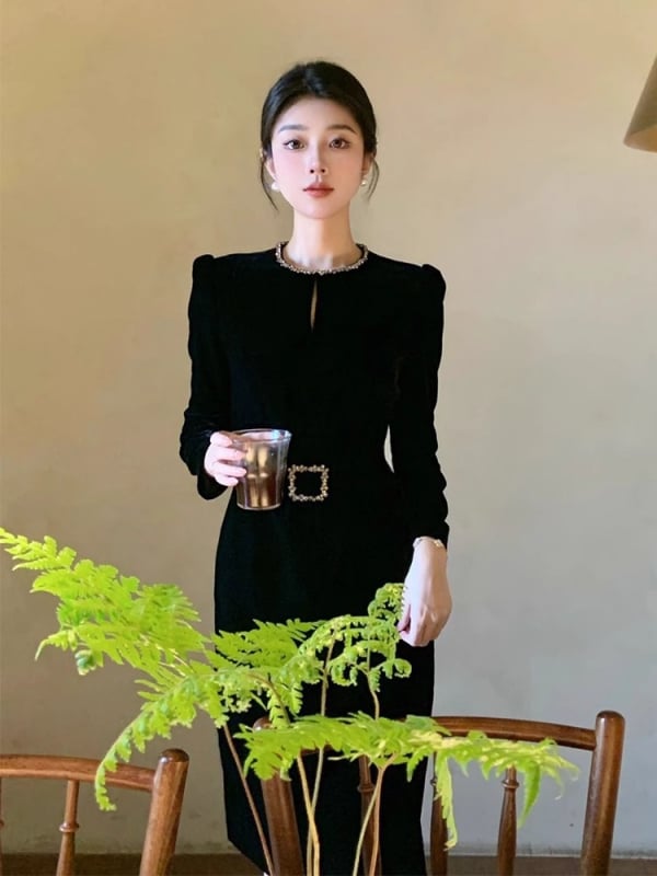 Haljina A-linije, visok struk, srednja duljina, okrugli izrez, pamuk materijal