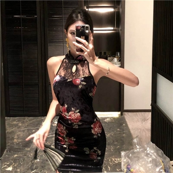 Haljina A-linije, bez rukava, s čipkastim velurom i polo ovratnikom, midi duljine