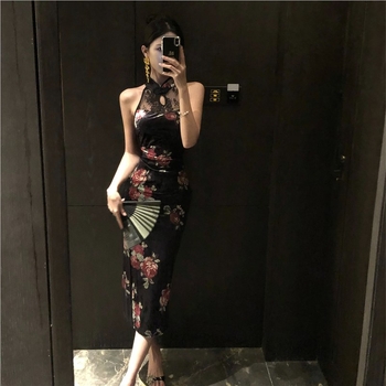 Haljina A-linije, bez rukava, s čipkastim velurom i polo ovratnikom, midi duljine