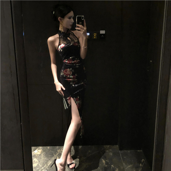 Haljina A-linije, bez rukava, s čipkastim velurom i polo ovratnikom, midi duljine