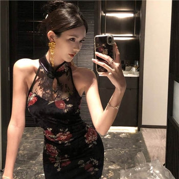 Haljina A-linije, bez rukava, s čipkastim velurom i polo ovratnikom, midi duljine