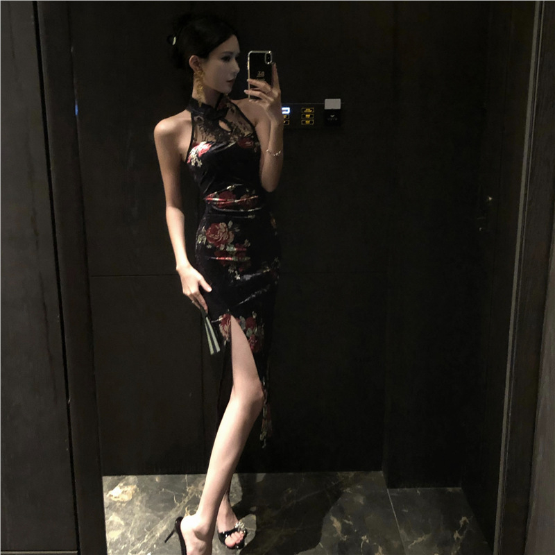 Haljina A-linije, bez rukava, s čipkastim velurom i polo ovratnikom, midi duljine