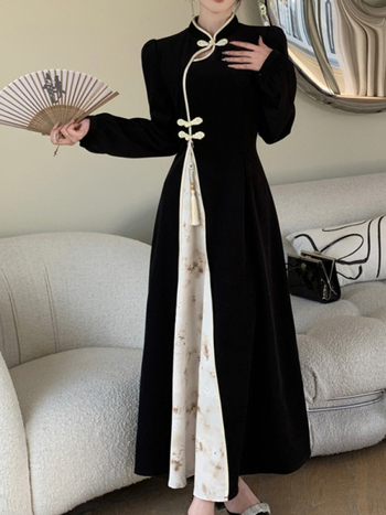 Duga haljina u kineskom stilu sa stojećim ovratnikom, dugi rukavi, visok struk, jednobojni poliester