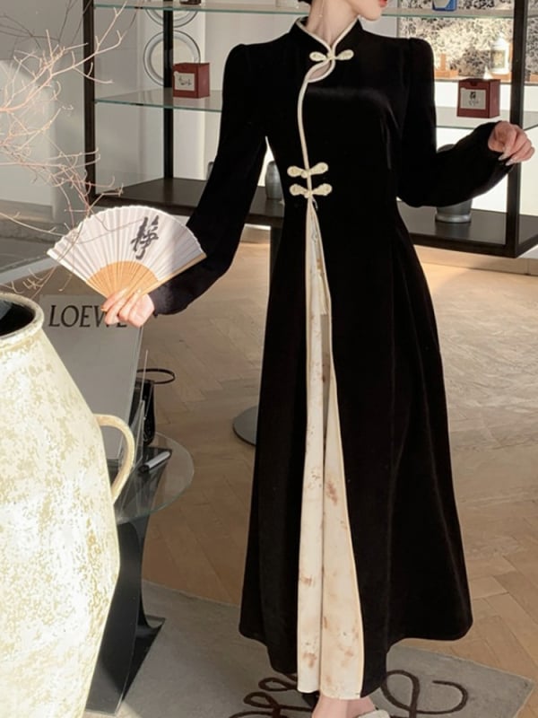 Duga haljina u kineskom stilu sa stojećim ovratnikom, dugi rukavi, visok struk, jednobojni poliester