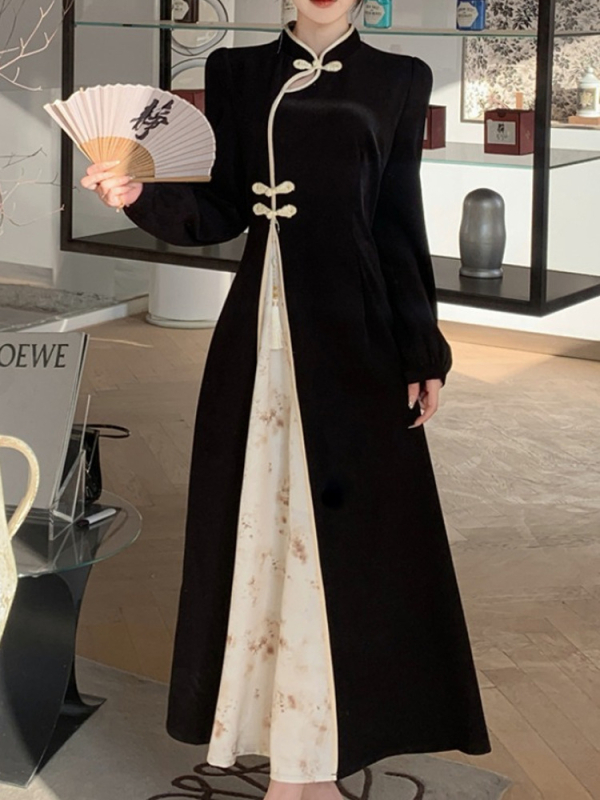 Duga haljina u kineskom stilu sa stojećim ovratnikom, dugi rukavi, visok struk, jednobojni poliester