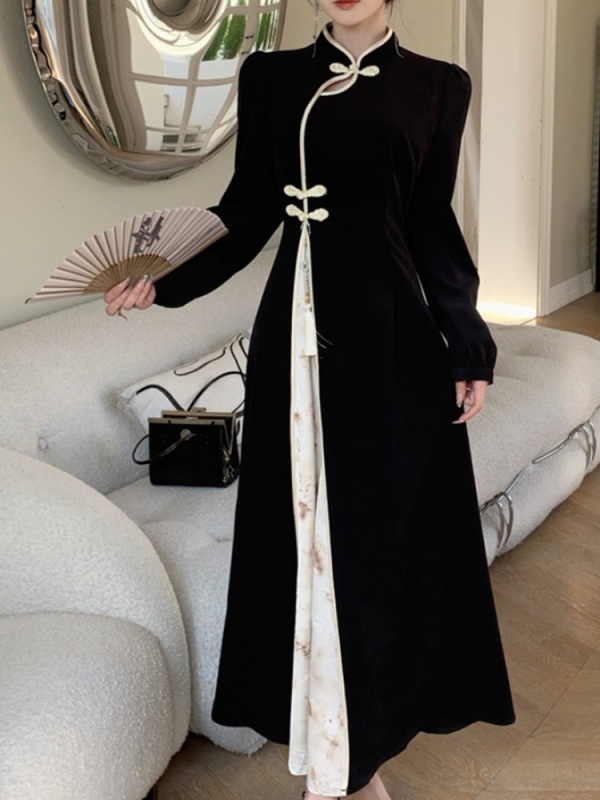 Duga haljina u kineskom stilu sa stojećim ovratnikom, dugi rukavi, visok struk, jednobojni poliester