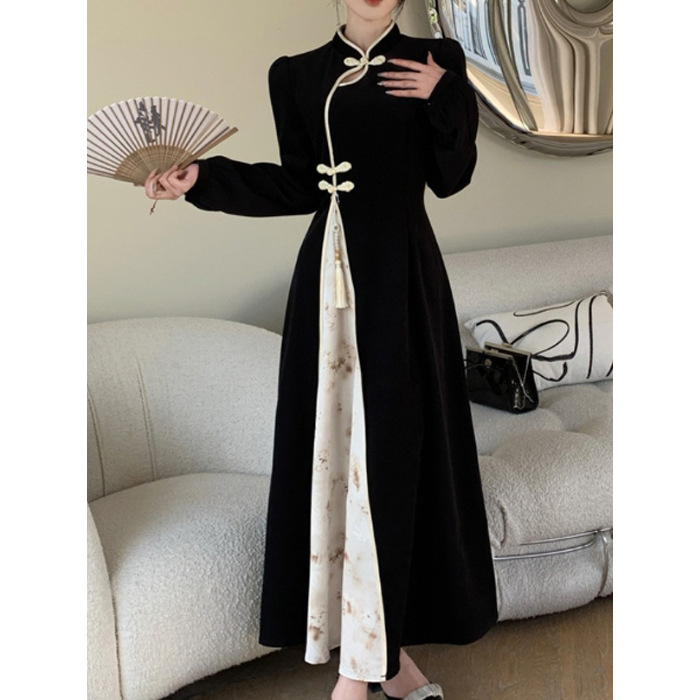 Duga haljina u kineskom stilu sa stojećim ovratnikom, dugi rukavi, visok struk, jednobojni poliester