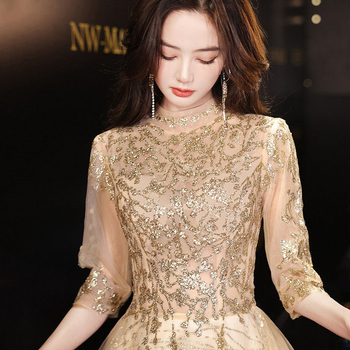 Večernja haljina, A-linijski kroj, polovični rukav, duga haljina, srednji pojas, poliester tkanina