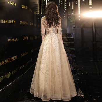 Večernja haljina, A-linijski kroj, polovični rukav, duga haljina, srednji pojas, poliester tkanina