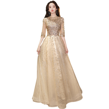 Večernja haljina, A-linijski kroj, polovični rukav, duga haljina, srednji pojas, poliester tkanina