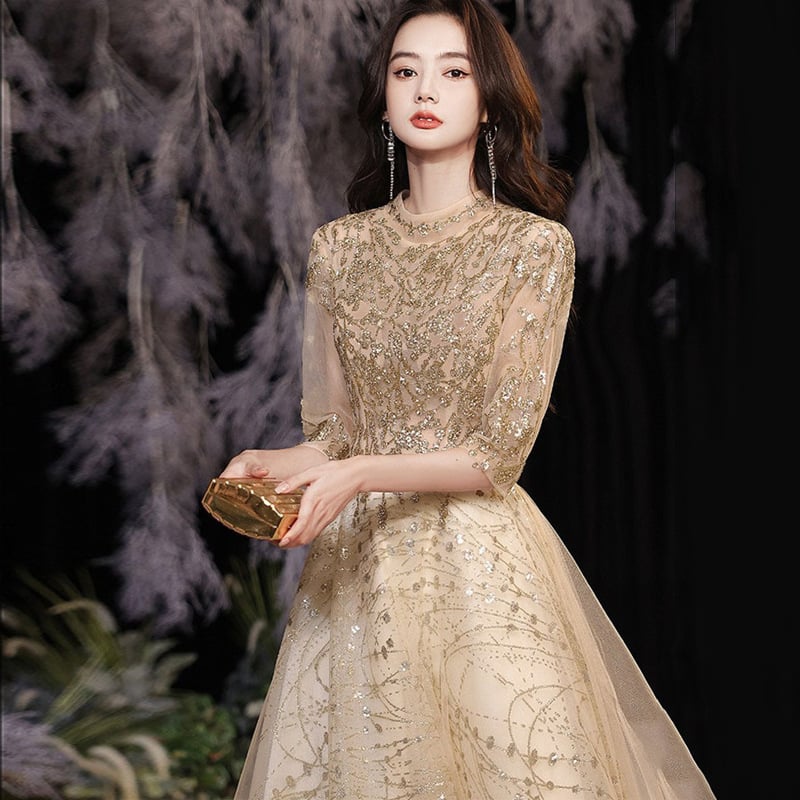 Večernja haljina, A-linijski kroj, polovični rukav, duga haljina, srednji pojas, poliester tkanina