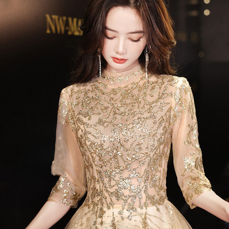 Večernja haljina, A-linijski kroj, polovični rukav, duga haljina, srednji pojas, poliester tkanina