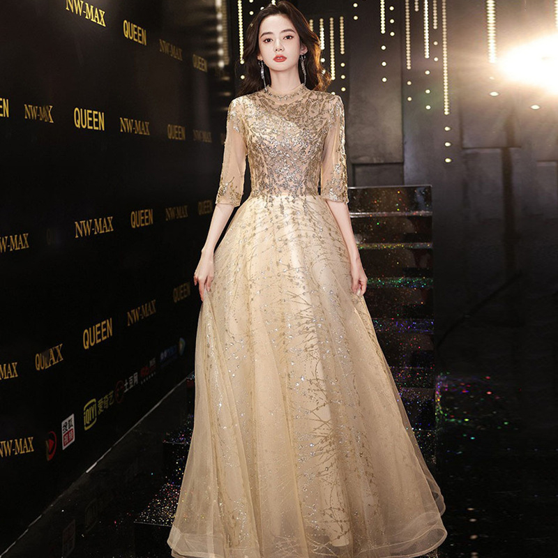 Večernja haljina, A-linijski kroj, polovični rukav, duga haljina, srednji pojas, poliester tkanina