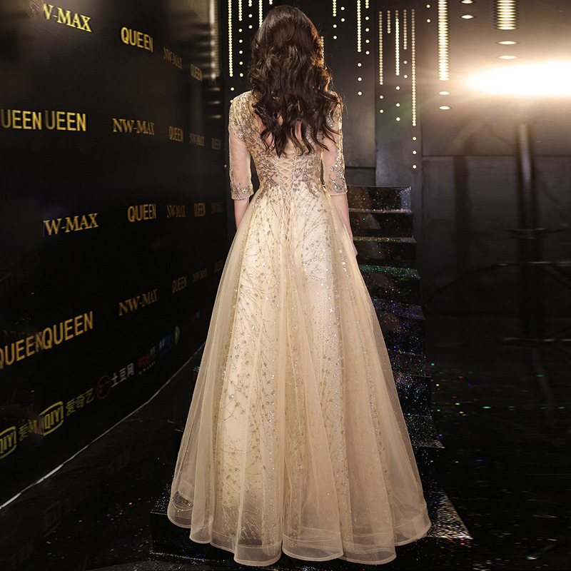 Večernja haljina, A-linijski kroj, polovični rukav, duga haljina, srednji pojas, poliester tkanina