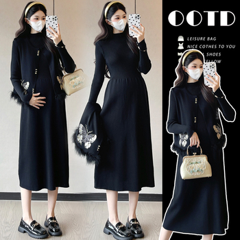 Rinkinys - Krūtimi maitinančiai skirta suknelė su išsiuvinėtu drugelių motyvu, priekis prieigos maitinti, ilgos rankovės, ilga suknelė, Korėjos stilius