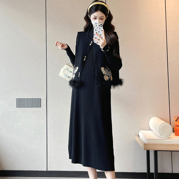 Rinkinys - Krūtimi maitinančiai skirta suknelė su išsiuvinėtu drugelių motyvu, priekis prieigos maitinti, ilgos rankovės, ilga suknelė, Korėjos stilius