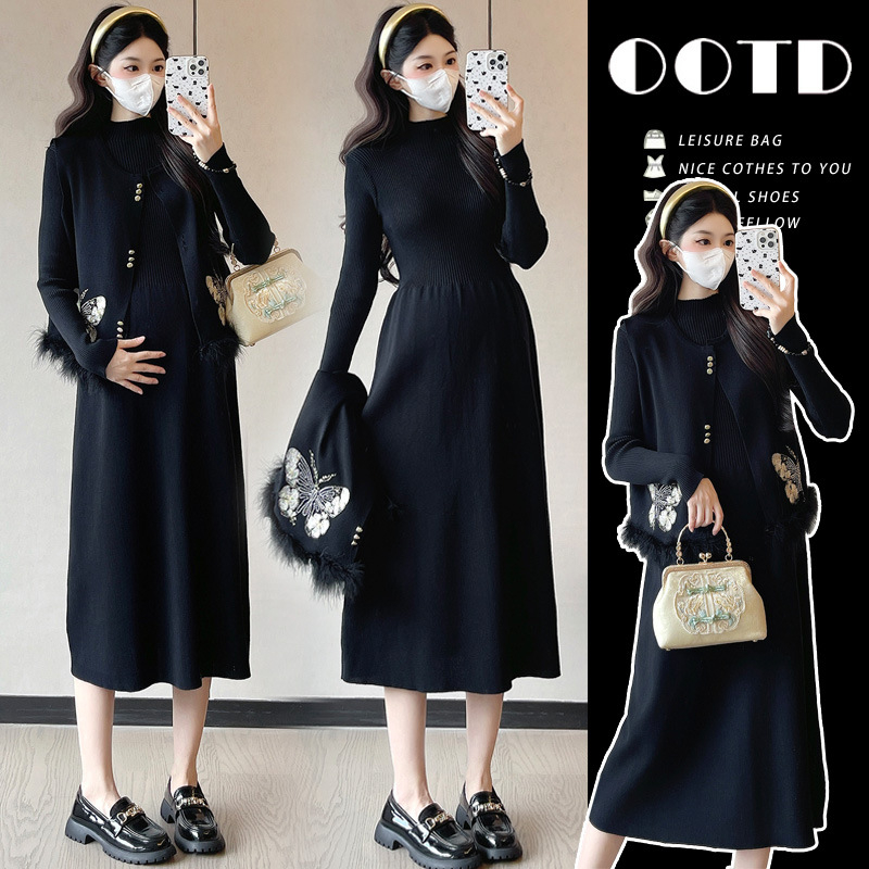 Rinkinys - Krūtimi maitinančiai skirta suknelė su išsiuvinėtu drugelių motyvu, priekis prieigos maitinti, ilgos rankovės, ilga suknelė, Korėjos stilius