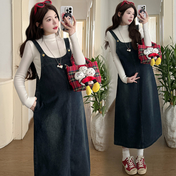 Nėščiųjų dviejų dalių komplektas: denim petnešų sijonas ir megztinis viršus, ruduo–žiema 2025, ilgomis rankovėmis, vidutinio ilgio