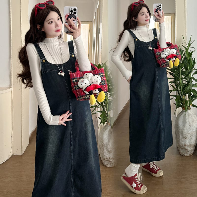 Nėščiųjų dviejų dalių komplektas: denim petnešų sijonas ir megztinis viršus, ruduo–žiema 2025, ilgomis rankovėmis, vidutinio ilgio