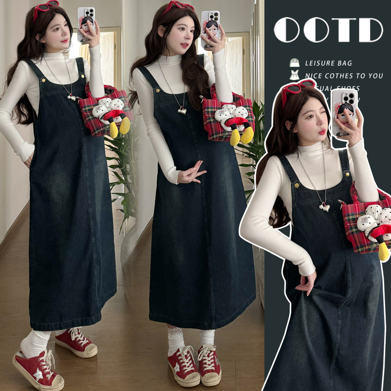 Nėščiųjų dviejų dalių komplektas: denim petnešų sijonas ir megztinis viršus, ruduo–žiema 2025, ilgomis rankovėmis, vidutinio ilgio