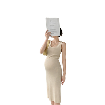 Nėščiųjų vasaros suknelė, su Korejos stiliaus U formos iškirpte, be rankovių, mezginio audinys, 60% medvilnė, vidutinio ilgio