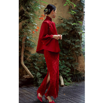 Nova kineska stil vjenčana haljina s dugim rukavima, A-linija kroja, visok struk, duga suknja, zima 2025