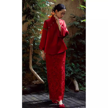 Nova kineska stil vjenčana haljina s dugim rukavima, A-linija kroja, visok struk, duga suknja, zima 2025