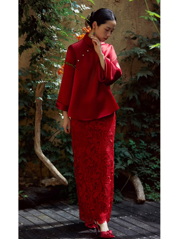 Nova kineska stil vjenčana haljina s dugim rukavima, A-linija kroja, visok struk, duga suknja, zima 2025