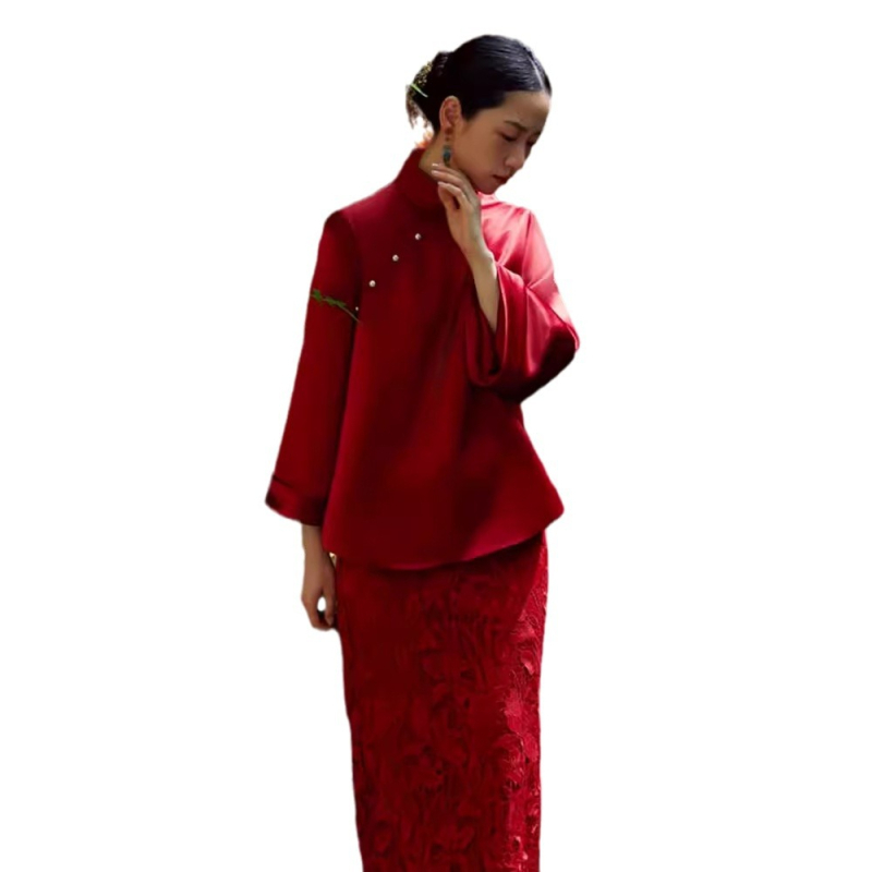 Nova kineska stil vjenčana haljina s dugim rukavima, A-linija kroja, visok struk, duga suknja, zima 2025