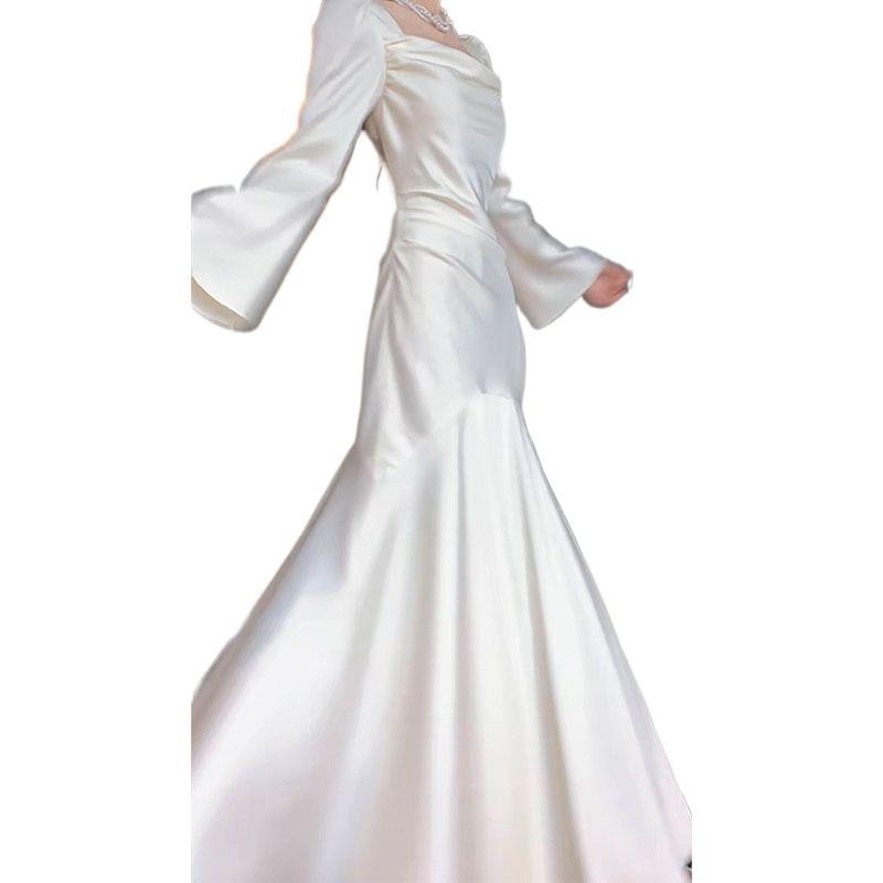 Rochie în stil franțuzesc, cu mâneci lungi, siluetă sirenă, guler pătrat, PVC