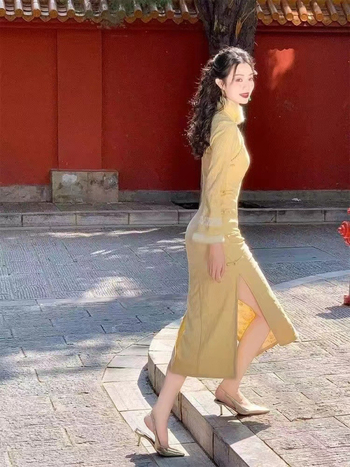 Rochie midi cu bretele, guler polo, mâneci lungi, din PVC.