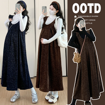 Nėščiųjų dviejų dalių komplektas: sijonas su petnešėlėmis ir viršutinis megztinis, ruduo-žiema 2025, ilgomis rankovėmis, vidutinio ilgio, viskozė 30-50%