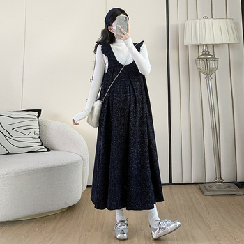 Nėščiųjų dviejų dalių komplektas: sijonas su petnešėlėmis ir viršutinis megztinis, ruduo-žiema 2025, ilgomis rankovėmis, vidutinio ilgio, viskozė 30-50%