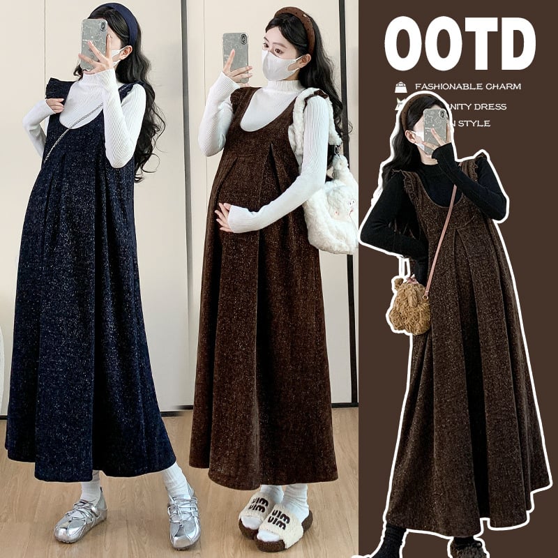 Nėščiųjų dviejų dalių komplektas: sijonas su petnešėlėmis ir viršutinis megztinis, ruduo-žiema 2025, ilgomis rankovėmis, vidutinio ilgio, viskozė 30-50%