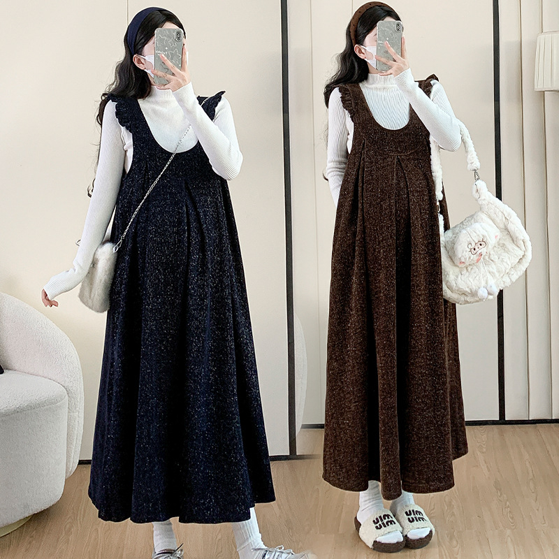 Nėščiųjų dviejų dalių komplektas: sijonas su petnešėlėmis ir viršutinis megztinis, ruduo-žiema 2025, ilgomis rankovėmis, vidutinio ilgio, viskozė 30-50%