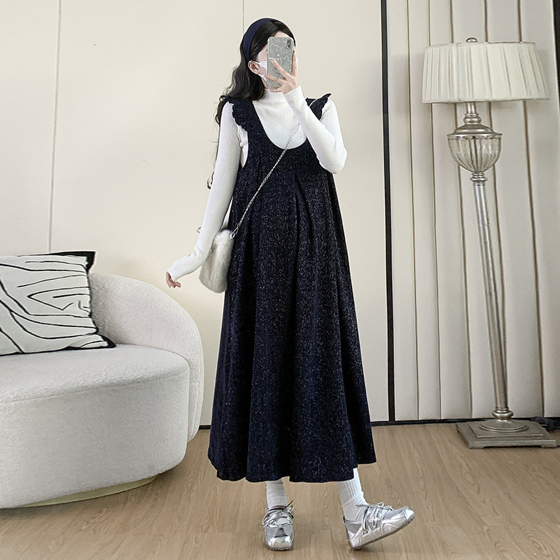 Nėščiųjų dviejų dalių komplektas: sijonas su petnešėlėmis ir viršutinis megztinis, ruduo-žiema 2025, ilgomis rankovėmis, vidutinio ilgio, viskozė 30-50%