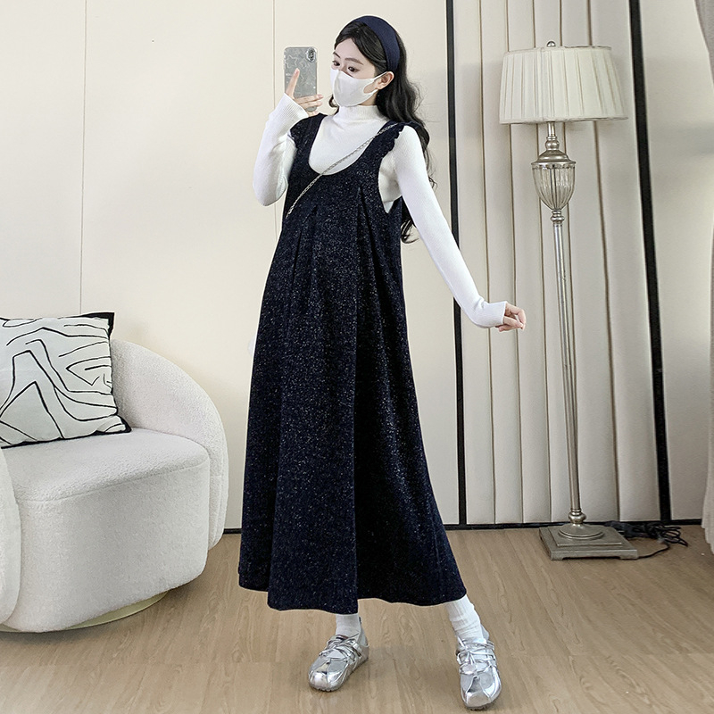 Nėščiųjų dviejų dalių komplektas: sijonas su petnešėlėmis ir viršutinis megztinis, ruduo-žiema 2025, ilgomis rankovėmis, vidutinio ilgio, viskozė 30-50%